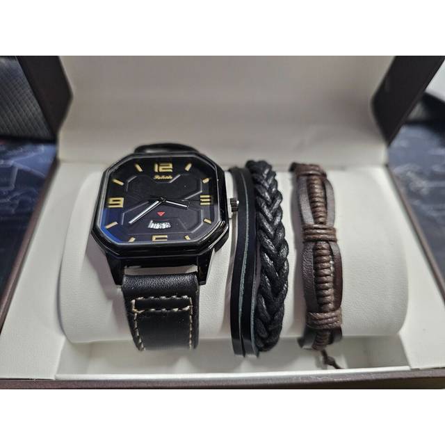 Square watch men casual sports leather band quartz wristwatch &2pc bracelets set