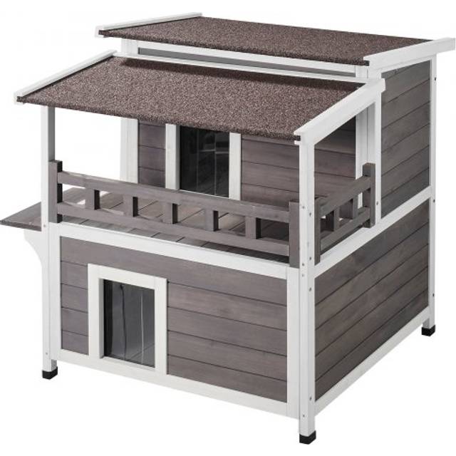 VEVOR Outdoor Cat House Weatherproof, Feral Cat Shelter for Multiple Cats, 2-story Large Outdoor Wooden Cat House with Balcony, Doors, PVC Door Flaps