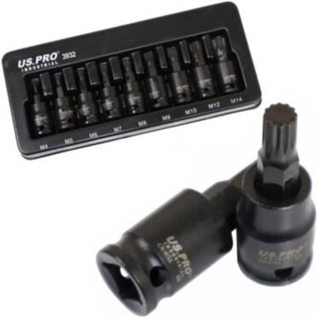 Us Pro Industrial 9pc 3/8 Dr Impact Spline Bit Sockets Set 4 - 14mm 3932