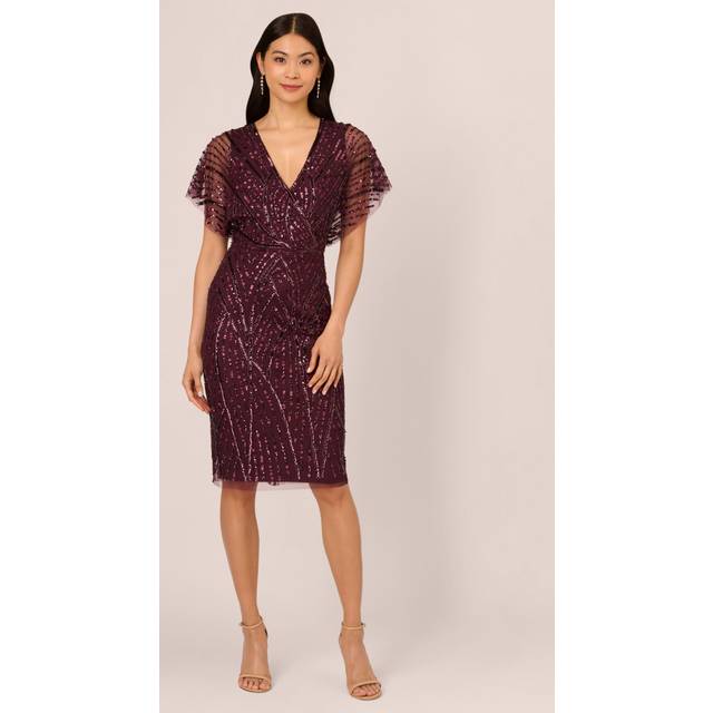 Beaded Surplice Midi Dress With Dolman Sleeves In Deep Amethyst - 6