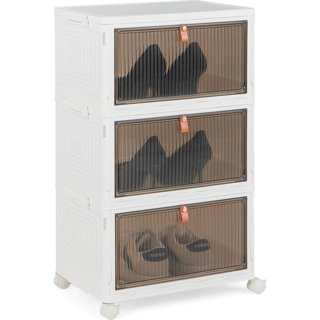 Costway 3 Flip Down Door White Stackable Shoe Storage Box with Lockable Wheels - 46 x 29 x 18cm
