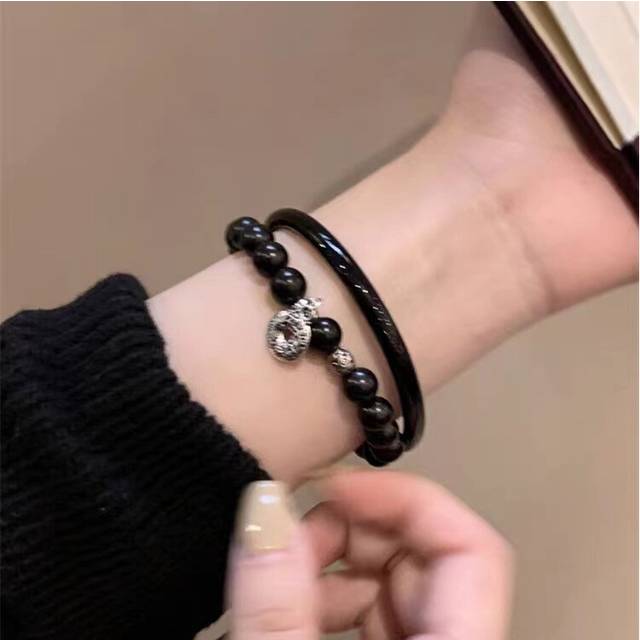 (Black Peace Buckle Bracelet) Luxurious Obsidian Chinese Bracelet With Antique Lion Charm Perfect For Gift Giving