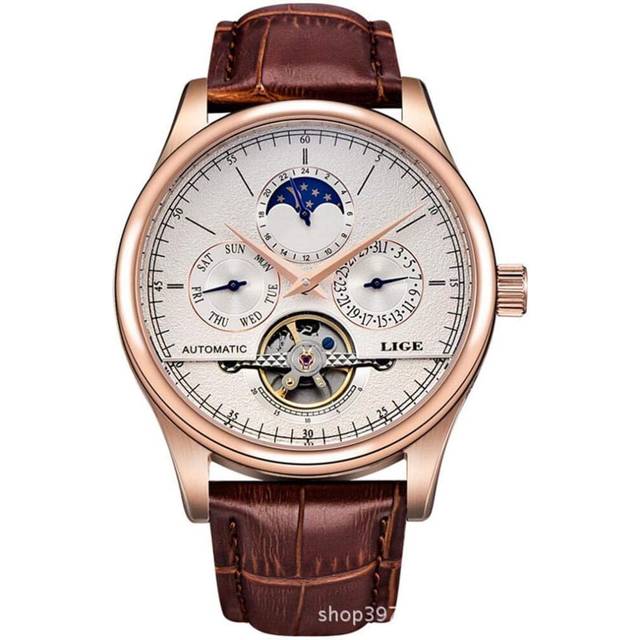 VEANXIN Men&#39;s Brown Leather Tourbillon Automatic Wrist Watch