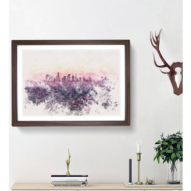 Los Angeles Skyline in the Morning Watercolour - Picture Frame Graphic Art Print - Walnut Framed (24cm H x 33cm W x 2cm D)