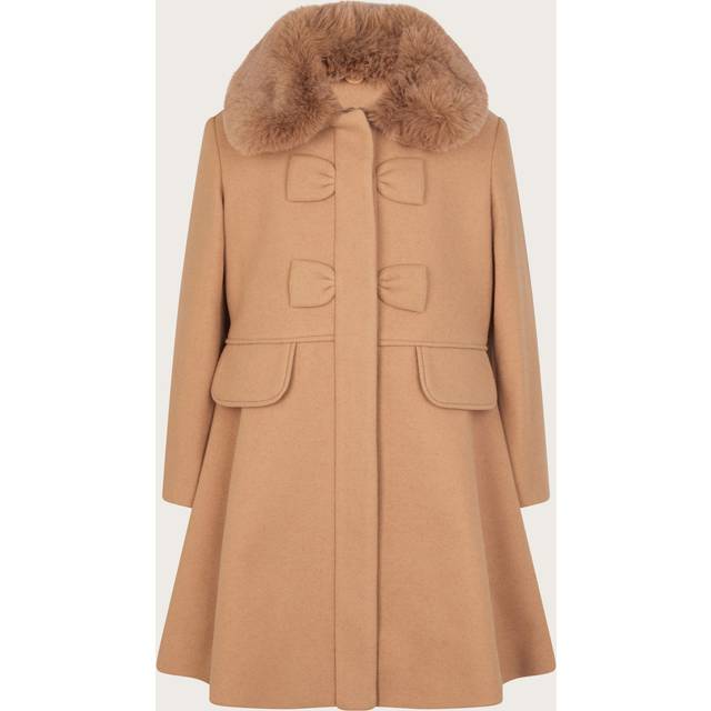 Monsoon Girls Faux Fur Collar Bow Swing Coat - Camel, Brown, Size 11-12 Years - 11-12 YEARS