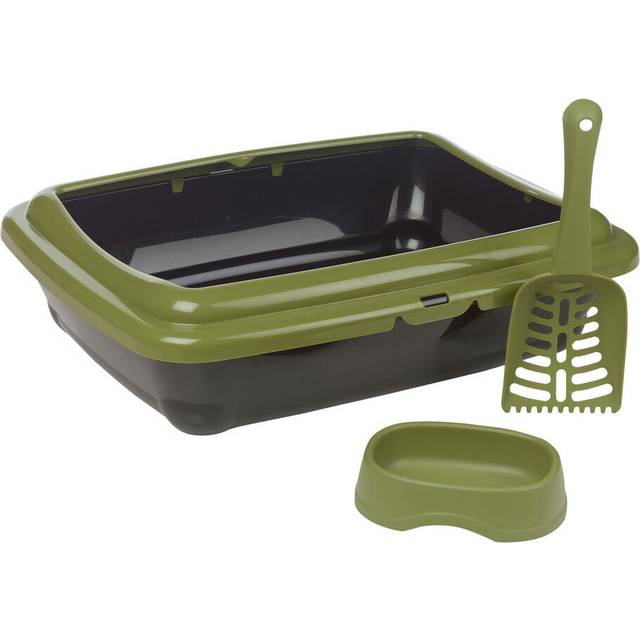 (Green) Cat Kitten Litter Tray Open Top Toilet Loo Potty Pan with Scoop Shovel Food Water Bowl