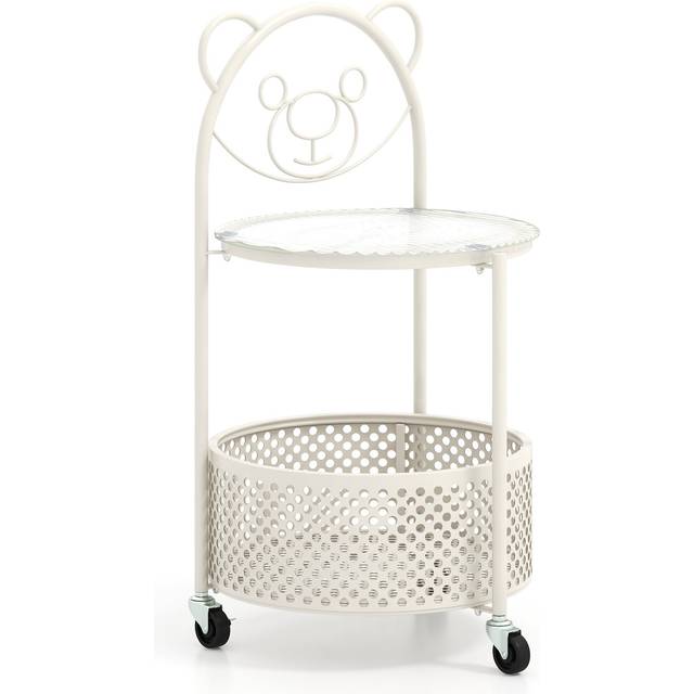 Costway 2-Tier Mobile Glass Coffee Table with Bear Pattern and Storage Basket-White, White