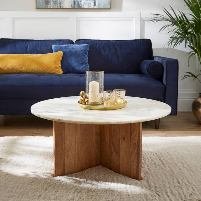 Arya Round Coffee Table, Mango Wood and Real Marble - Natural