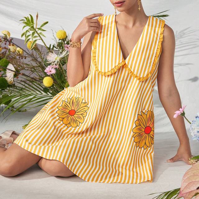 SHEIN Floral And Striped Print Frill Trim Statement Collar Short Dress, Holiday, Party, Thanksgiving, Birthday Outfits, Spring, Festival