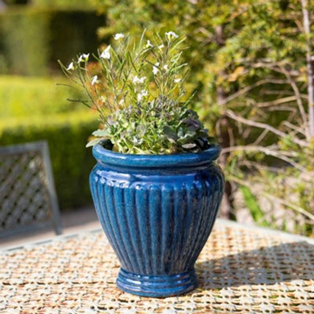 Rib Textured Glazed Terracotta Round Planter In Glossy Royal Blue 65cm - One Size
