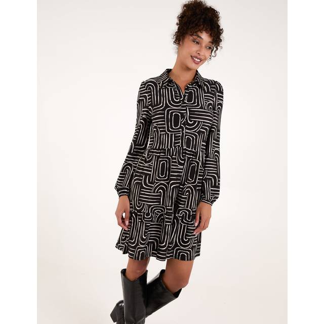 Geometric Button Front Smock Shirt Dress - S / BLACK