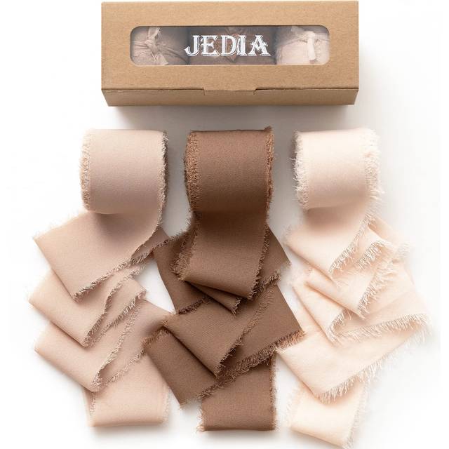 JEDIA chiffon Ribbon  3 Rolls Brown Handmade Fringe chiffon Silk Ribbons  15 x 7Yd Ribbon Set for gift Wrapping  Wedding Invitations  Bouquet Wrap  Br