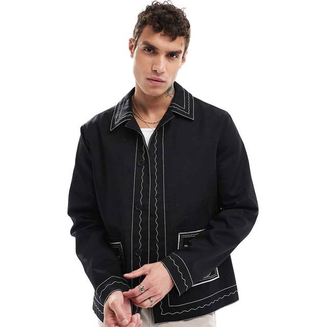 ASOS DESIGN – Svart harringtonjacka med broderier-Svart/a