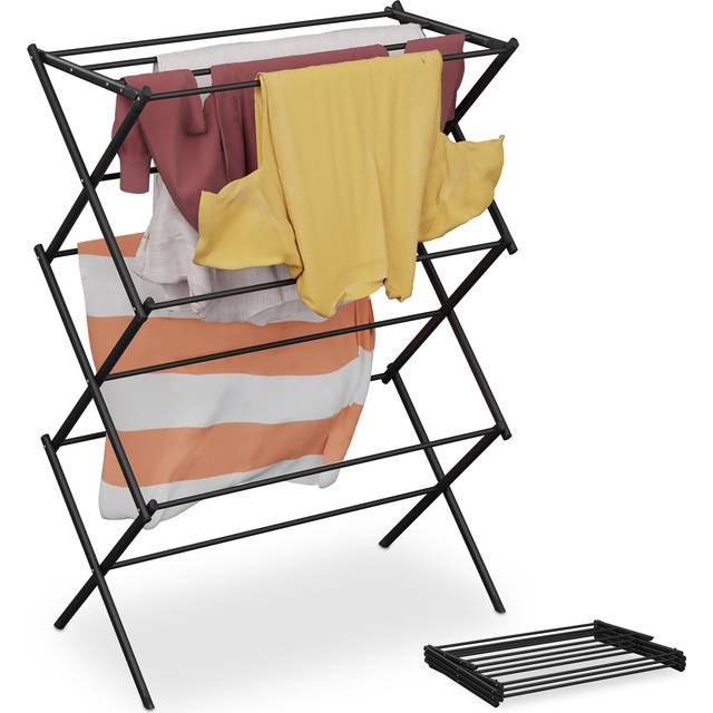Foldable Laundry Rack, Drying Horse, 11 rods, 104 x 73 x 38 cm, Indoor, Metal, Airing, Space-Saving, Black - Relaxdays