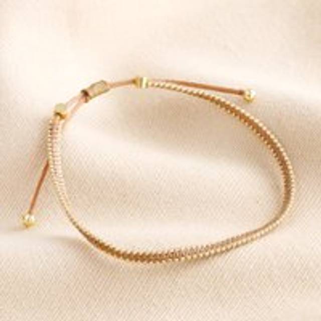 Leather Pull Cord Beaded Bracelet in Gold - brown/gold - one size