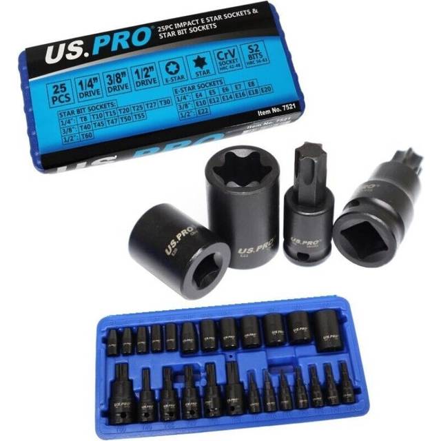 Us pro 25pc 1/4 3/8 1/2” dr impact e-star sockets & star bit sockets torx m&f