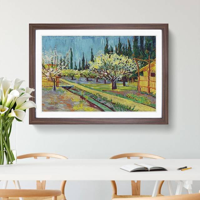 Orchard Bordered by Cypresses by Vincent Van Gogh - Picture Frame Painting - Walnut Framed (36cm H x 48cm W x 2cm D)