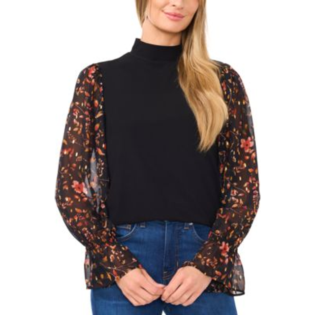 CeCe Long Sleeve Mixed Media Mock Neck Top