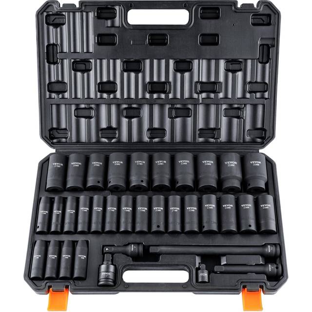 Vevor impact sockets set 34pcs 6-point 1/2in drive bit ratchet tool kit case