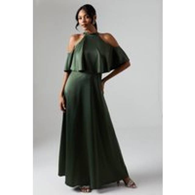 Debut London by Coast Halterneck Cold Shoulder Satin Bridesmaids Maxi Dress - Olive - 8