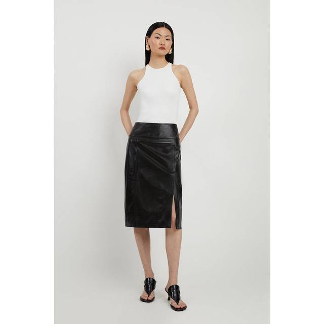 Leather Knee Length Pencil Skirt - Black