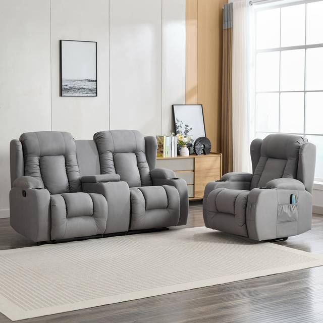 Andreaz 1+2 Seater Grey Technology Fabric Modern 2 Piece Reclining Sofa Set