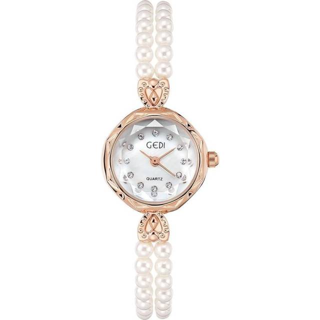 Luxury Women&#39;s Watch Quartz Analog Pearl Rhinestone Elegant Lady Wrist Watch Bracelet Watches Gifts for Women Ladies - White