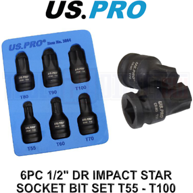 Us Pro 6pc 1/2 Dr Impact Star Torx Bit Socket Set T55 T60 T70 T80 T90 T100