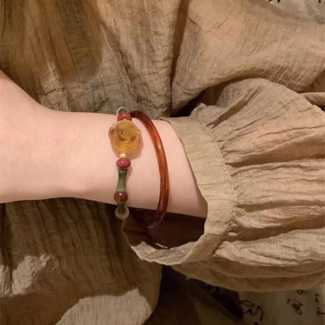 Style Retro Luxurious Handmade Bamboo Beaded Bracelet For Women Classic Chic Resin Jewelry