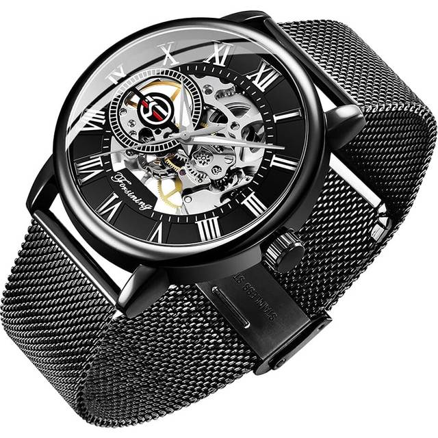 VEANXIN Men's Skeleton Watch Hollow Mechanical Watch Hand-Wind Mesh Strap Luminous Classic Roman Numeral Casual Male Wristwatch