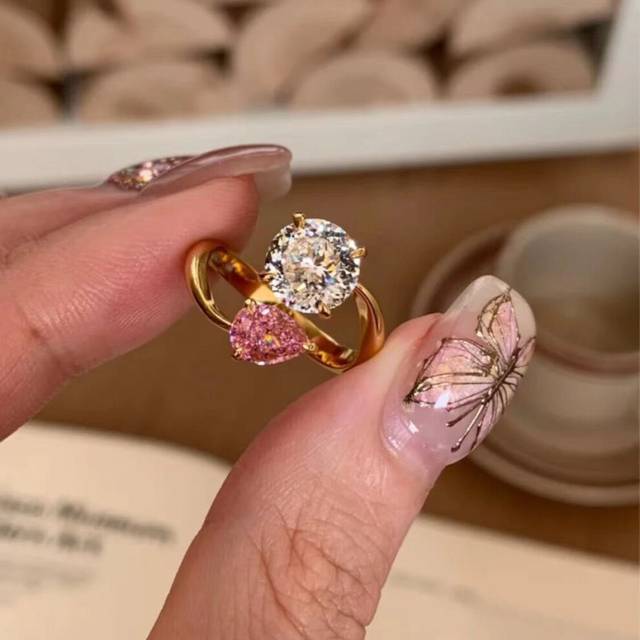 (J5728) Copper Open Contemporary Ring With Sweet Pink Gradient Diamond And Zirconia For Women