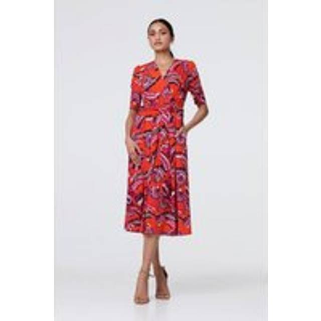 Izabel London Women's Tropical Print Faux Wrap Midi Dress in Orange | Size: 16