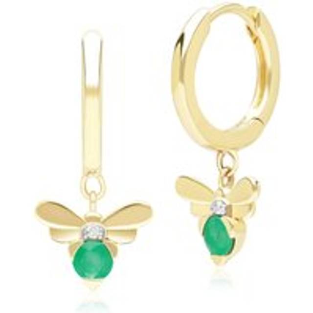 Honeycomb Inspired Emerald and Diamond Bee Hoop Earrings in 9ct Yellow Gold