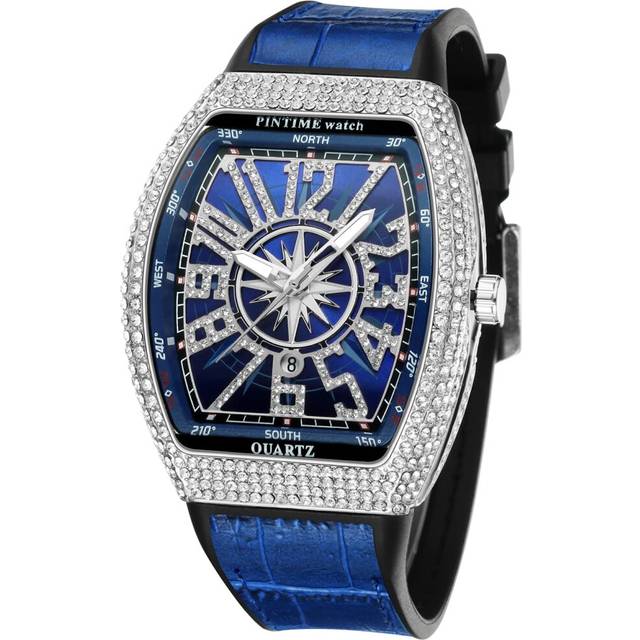 VEANXIN Men's Big Face Unique Tonneau Watch Iced Out Bling Crystal Rhinestone Quartz Wristwatches with Rubber Strap