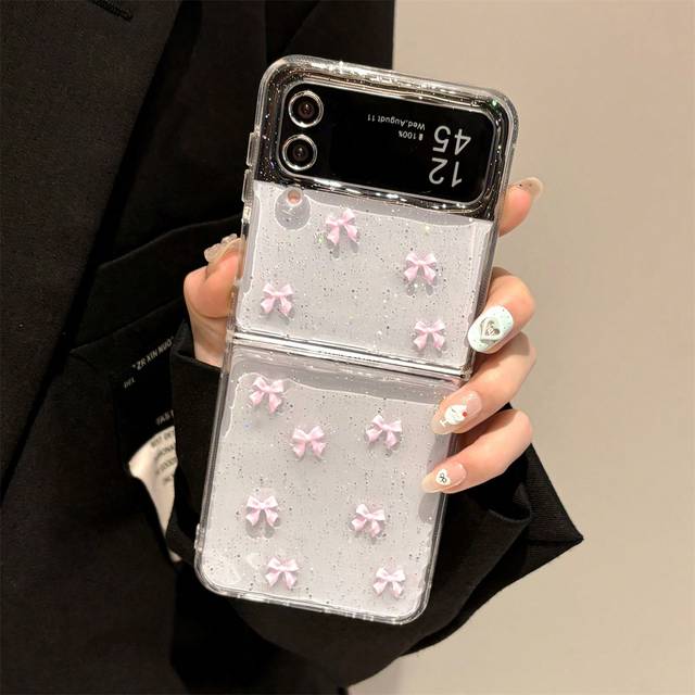SHEIN Fashion Bling Glitter Bowknot Transparent Soft Phone Case Compatible With Samsung Galaxy Z Flip 6 5 4 3 Luxury Bumper Back Cover