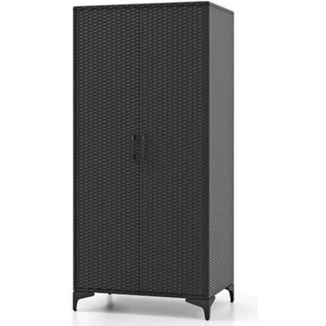 PE Rattan Wardrobe Armoire Closet with Hanging Rod and 4 Storage Cubes for Home Patio Garage-Black