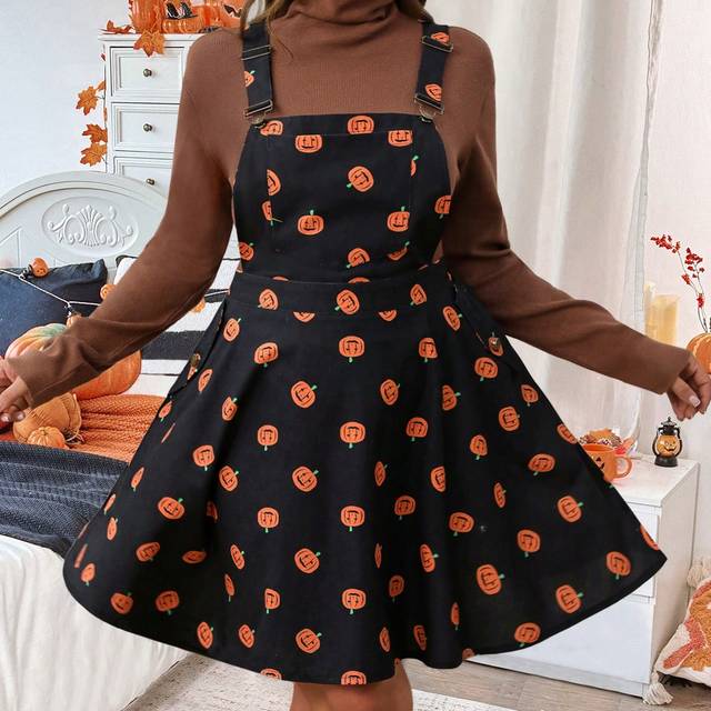 Breezaya Plus Size Vintage Pumpkin Pattern Pinafore Dress, Preppy Style