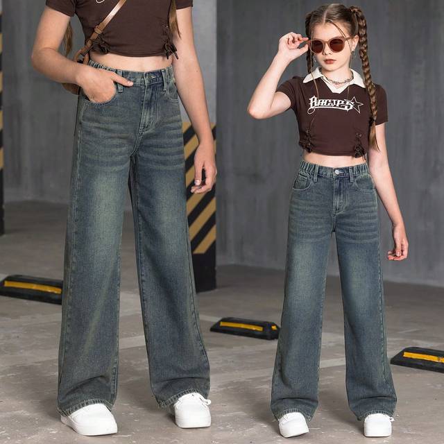 SHEIN Tween Girl All-Match Classic Retro Distressed Washed Wide Leg Denim Jeans Summer Holiday