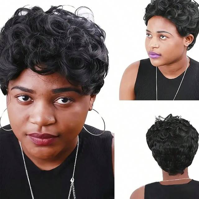 SHEIN Brazilian Short Pixie Cut Curly Wigs For Women Human Hair Pixie Cut Short Black Afro Curly Kinky Curly Wig Human Hair African Curly Wigs 1B Color Full