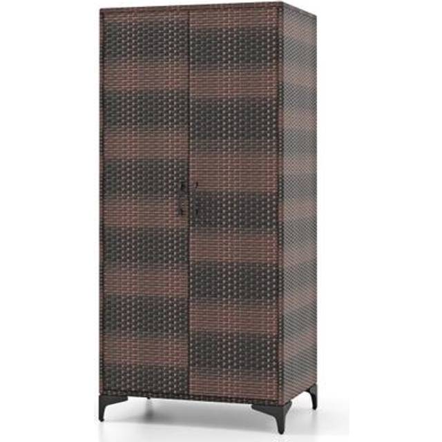 PE Rattan Wardrobe Armoire Closet with Hanging Rod and 4 Storage Cubes for Home Patio Garage-Brown