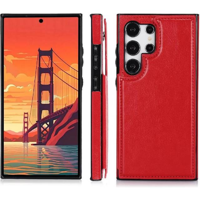 (Red) Wallet Case for Samsung Galaxy S24 Ultra with Card Holder Kickstand Double Magnetic Clasp Card Slots Pu Leather