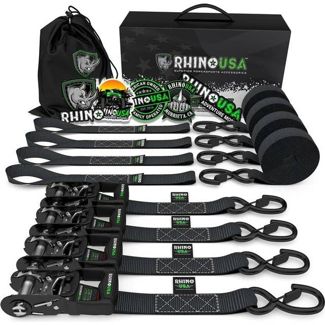 Rhino USA Ratchet Straps Heavy Duty Kit (4-Pack) - 1.6 Inch x 15 Feet (5 208lb Break Strength) - Ultimate Tie Down Straps with Safety S Hooks for Truc