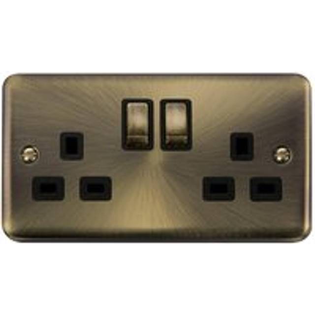 Se Home - Curved Antique Brass 2 Gang 13A dp Ingot Twin Double Switched Plug Socket - Black Trim