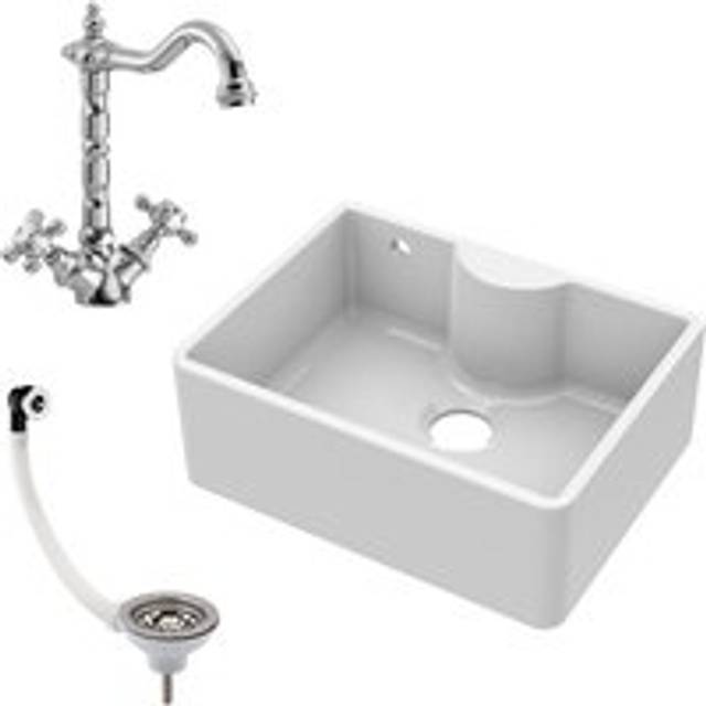 595mm - 1 Bowl Fireclay Butler Kitchen Sink - Tap Ledge, Overflow, Classic Tap & Waste