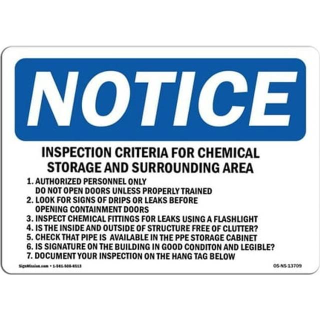 SignMission OS-NS-P-710-L-13709 OSHA Notice Sign - Inspection Criteria for Chemical Storage