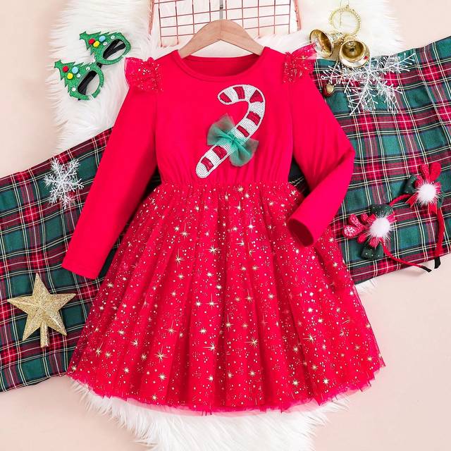 SHEIN 1pc Young Girl Sequined Embroidery & Tulle Foil Firework Print Party Dress, A Dreamlike And Glamorous Childrenswear Item Designed For Christmas. This