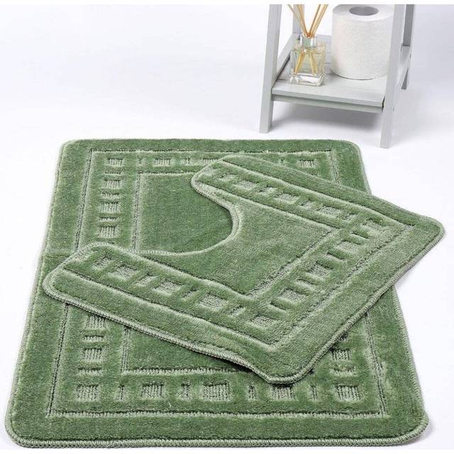 (Green) Diem Bath Mat 2 Piece Set Non-Slip Pedestal and Bath Mat Toilet Bathroom Rug