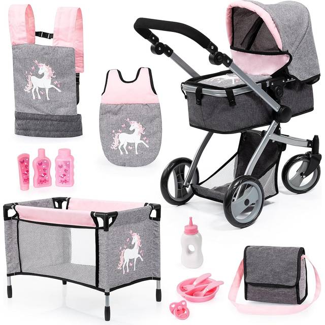 Bayer Design 18333AC Combi Doll's Pram Mega Set med massor av tillbehör i grå/rosa med enhörning