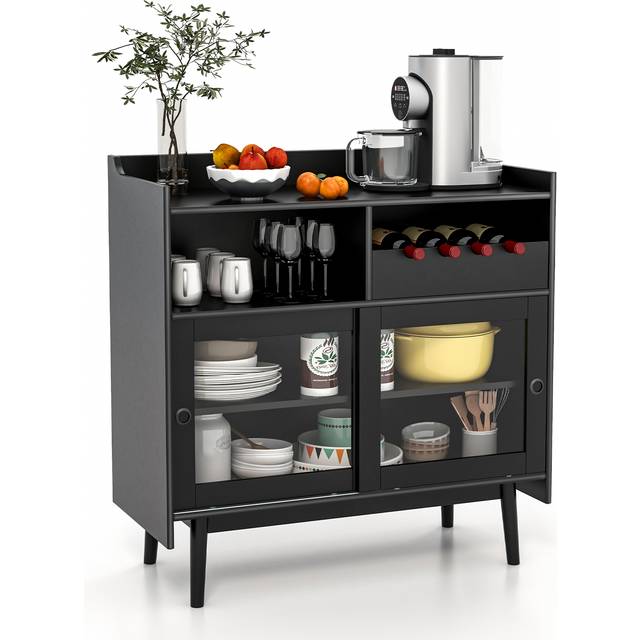 Costway 2 Sliding Door Single Shelf Buffet Sideboard with Wine Rack - Black - 90 x 40 x 92cm