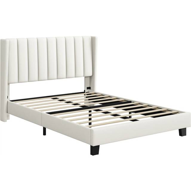 Upholstered Bed Frame with Channel Tufted Headboard - Beige (Double (4&#39;6))